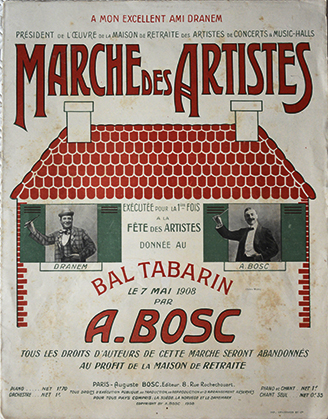 La Marche des Artistes, partition pour le piano, exécutée pour la première fois à la Fête des Artistes, donnée au bal Tabarin, le 7 mai 1908. Elle est dédiée à Dranem, président de l'oeuvre de la maison de retraite des artistes de concerts & music-hall.
