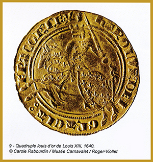 Premier franc, le franc à cheval, quadruple louis d'or de Louis XIII, 1640