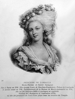 La Princesse de Lamballe, Marie-Thérèse-Louise de Savoie-Carignan amenée devant le tribunal révolutionnaire présidé par Hébert fut massacrée le 3 septembre 1792 à la Grande Force.