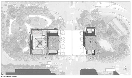 Plan de l'opération de restructuration des deux bâtiments englobant les squares mitoyens. Notamment celui de l'Abbé-Migne qui sera remodelé. (doc. Artene)